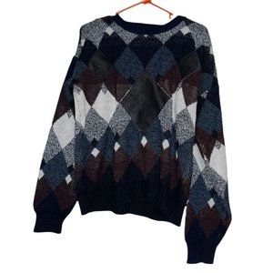 Vtg Impact Mens Sweater Sz M Knit Argyle Leather Patches Trim Navy Maroon Gray